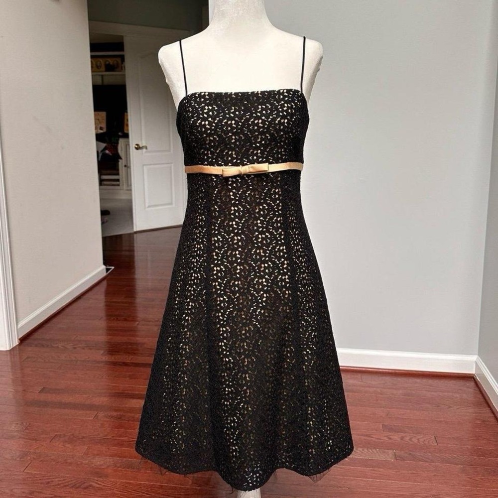 Betsy & Adam by Linda Bernell Vintage Black Gold Lace Coquette Cocktail Dress